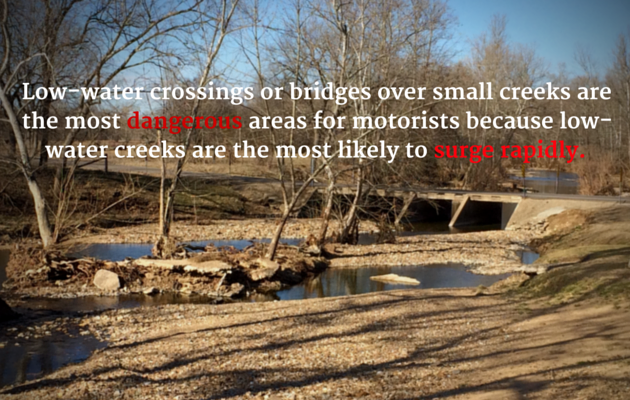 Concrete slab with low water level mostly gravel showing with words Low-water crossings or bridges over small creeks are the most dangerous areas for motorists because low-water creeks are the most likely to surge rapidly.