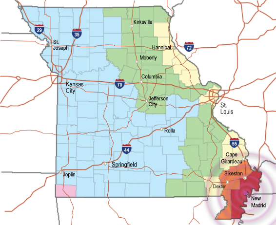 areas in Missouri. Select an area to see how an earthquake in southeast Missouri's New Madrid Seismic Zone could affect you, your friends and family