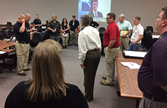 SEMA disaster specialists meet on May 10 before fanning out to flood-affected areas of Missouri to participate in joint Preliminary Damage Assessments.