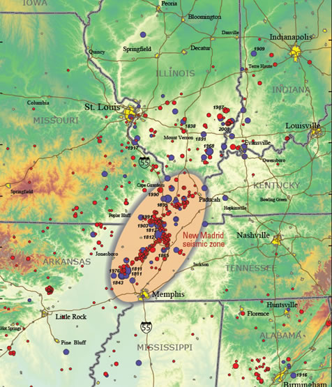Topographic map showing earthquakes greater than magnitude 2.5 (circles). Red circles are earthquakes that occurred after 1972. Blue circles are earthquakes that occurred before 1973. Larger earthquakes are represented by larger circles. USGS image