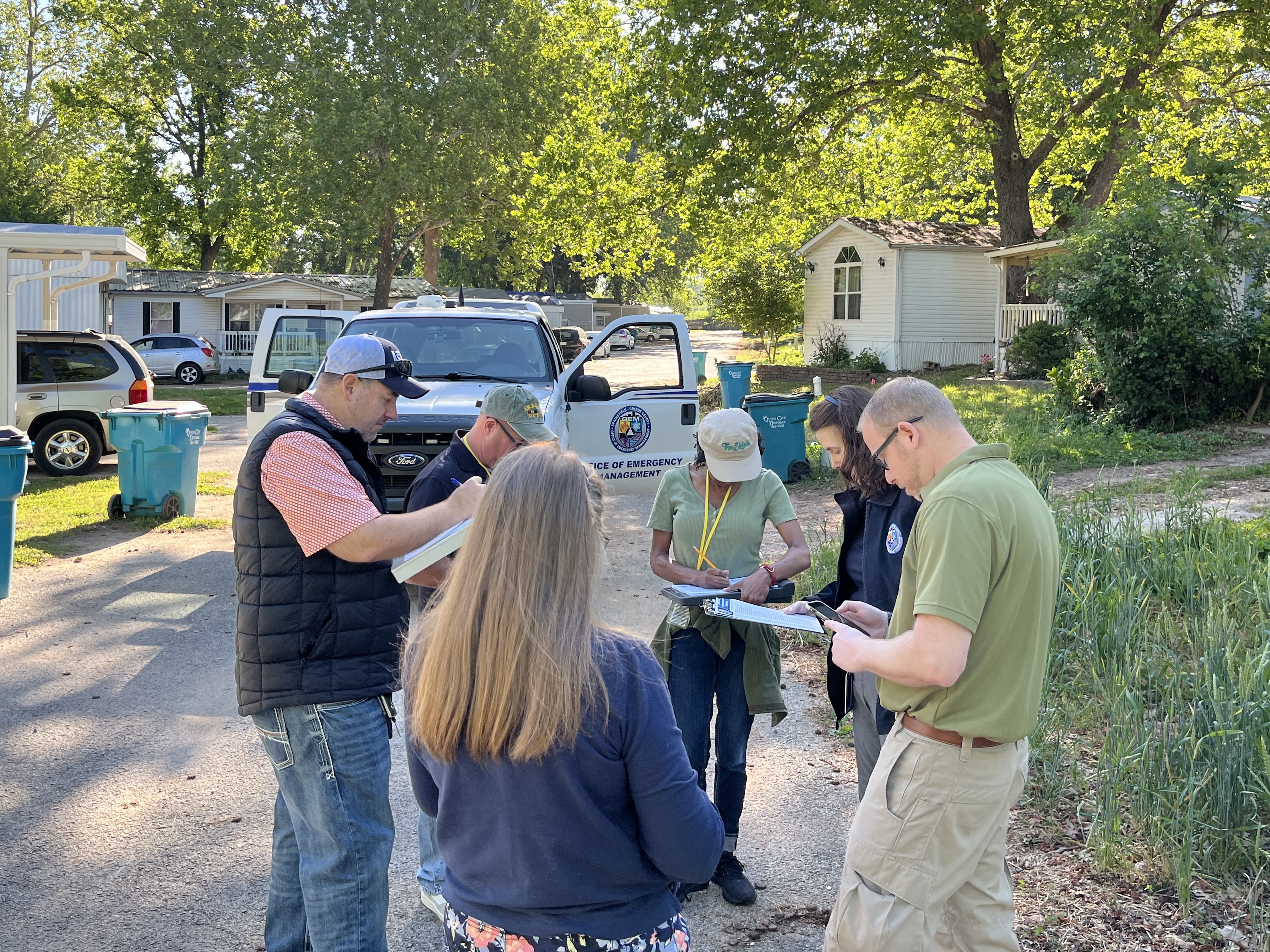 Team members from SEMA, FEMA, the U.S. Small Business Administration and Greene County Emergency Management conduct joint preliminary damage assessments on May 12, 2026, following severe storms and flooding that resulted in significant damage in over 10 counties from April 23-28.